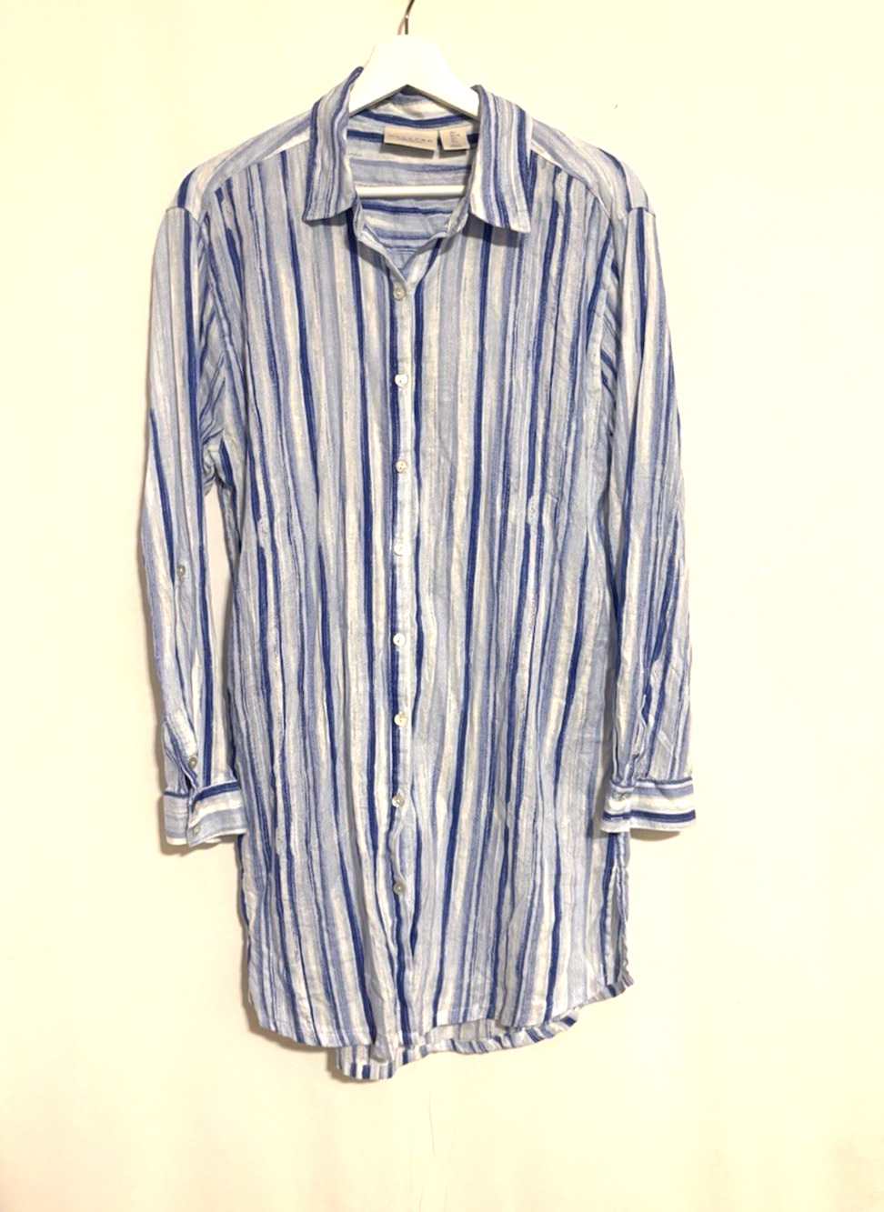 Calypso Dress Large Linen Blend Blue Striped Button Up Knee